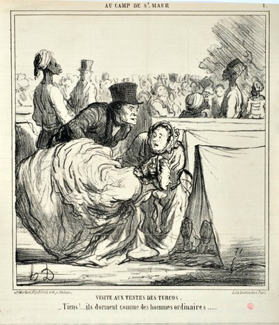 Œuvre de Honoré Daumier (1808-1879) Charivari date de 1859 : Série AU CAMP DE SAINT MAUR Visite aux tentes des turcos. « -Ici !... ils dorment comme des hommes ordinaires... » MUSÉE DES BEAUX-ARTS - PALAIS LONGCHAMP, MARSEILLE - Honoré Daumier