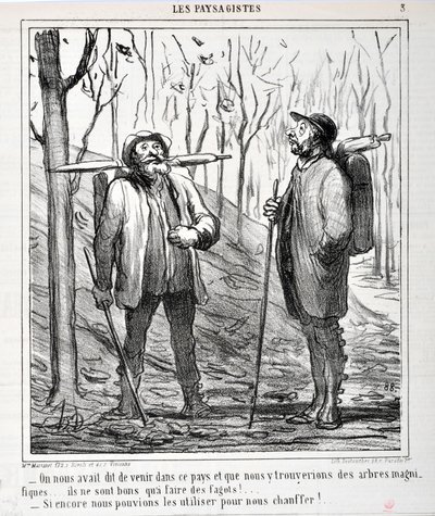 Œuvre de Honoré Daumier (1808-1879). Charivari daté de 1864 : Série LES PAYSAGISTES « - On nous avait dit de venir dans ce pays et que nous y trouverions de beaux arbres... ils sont bons pour faire des fagots !... Si nous pouvions les utiliser pour nous c - Honoré Daumier