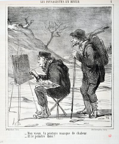 Œuvre de Honoré Daumier (1808-1879). Charivari date de 1864 : Série LES PAYSAGISTES EN HIVER - Mon vieux, ta peinture manque de chaleur - Et le peintre aussi ! MUSEE DES BEAUX ARTS - PALAIS LONGCHAMP, MARSEILLE - Honoré Daumier