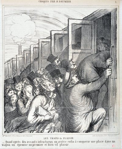 Œuvre de Honoré Daumier (1808-1879). Charivari daté de 1864 : Série Sketch Les trains de plaisir « - Quand après dix assauts infructueux, nous parvenons enfin à conquérir une place dans un wagon, nous éprouvons un premier et très vif plaisir ». MUSEE DES B - Honoré Daumier