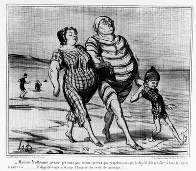 Aux bains de mer : famille parisienne se promenant sur une plage - par Daumier, dans « Charivari » - Honoré Daumier