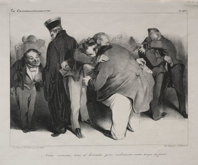 Caricature, planche 439 : Nous sommes tous des hommes honnêtes, alors embrassons-nous et finissons-en - Honoré Daumier