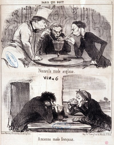 Caricature sur les abus gastronomiques. Série Paris qui boit : nouvelle mode anglaise et ancienne mode française. Gravure par Honoré Daumier (1808-1879). Extrait du journal Le Charivari du 23 juin 1852 Dim 37x26 cm Inv D 2312 - boîte 24 N°7. Marseille, Mus - Honoré Daumier
