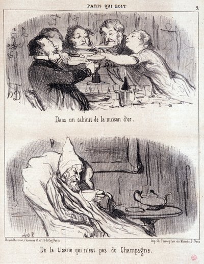 Caricature sur les abus gastronomiques. Série « Paris qui boit » : « Dans un cabinet de la maison d