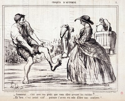 Caricature sur les vendangeurs foulant les raisins pieds nus. Série 