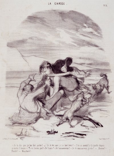Caricature sur les chasseurs. Série « Les beaux jours de la vie - La chasse » : « Je vous dis que je l