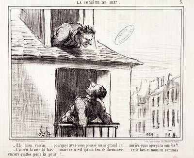 Caricature sur la science. Série sur « la Comète de 1857 » : « Eh bien voisin... pourquoi avez-vous poussé un si grand cri... » Gravure par Honoré Daumier (1808-1879). Extrait du journal « Le Charivari » du 11 mars - Honoré Daumier