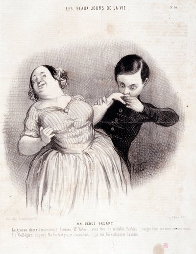 Caricature sur le couple. Série « Les Beaux Jours de la Vie » : « Un début galant... ». Gravure par Honoré Daumier (1808-1879). Extrait du journal « Le Charivari » du 10 juillet. - Honoré Daumier