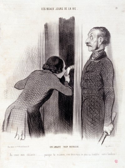 Caricature sur le couple. Série « Les Beaux Jours de la Vie » : « Un amant trop heureux... ». Gravure par Honoré Daumier (1808-1879). Extrait du journal « Le Charivari » du 1er septembre. - Honoré Daumier