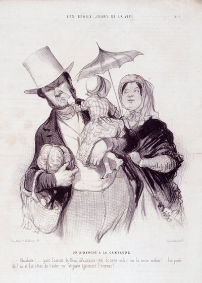 Caricature sur la famille. Série « Les Beaux Jours de la Vie » : « Un dimanche à la campagne... ». Gravure par Honoré Daumier (1808-1879). Extrait du journal « Le Charivari » du 21 juillet. - Honoré Daumier