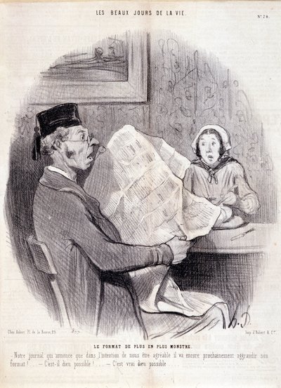 Caricature sur la presse. Série « Les beaux jours de la vie » : « Le format de plus en plus monstrueux... ». Gravure par Honoré Daumier (1808-1879). Extrait du journal « Le Charivari » du 18 octobre - Honoré Daumier