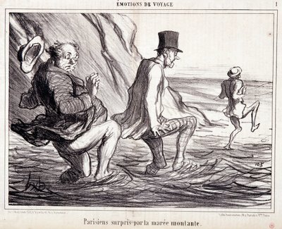 Caricature sur les touristes en vacances. Série « Les Bains de Mer » : « Émotions de voyage. Parisien surpris par la marée montante ». Gravure par Honoré Daumier (1808-1879). Extrait du journal « Le Charivari » du 8 octobre. - Honoré Daumier