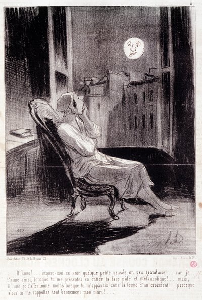 Caricature sur les femmes écrivains. Série « Bas Bleus » : « Ô ! Lune, inspire-moi ce soir... ». Gravure par Honoré Daumier (1808-1879). Extrait du journal « Le Charivari » du 28 février. - Honoré Daumier