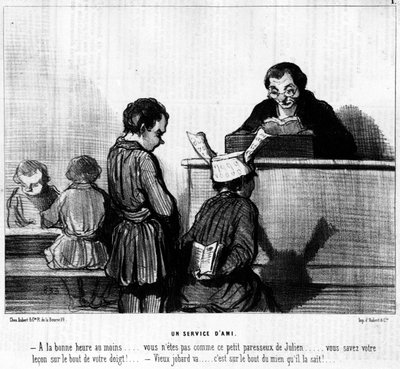 Caricature de Daumier sur le maïs et les écoliers. "Le service d
