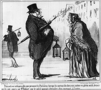 Précaution indispensable que les Parisiens prennent en quittant leur domicile, même en plein midi, depuis que Monsieur Babinet leur a appris que le soleil pouvait s