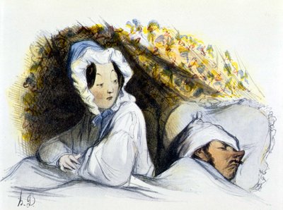Homme et femme au lit: "Vilain dormeur! Va...", "Geschichte des Erotischen Kunst" par Edouard Fuchs, Berlin - Honoré Daumier