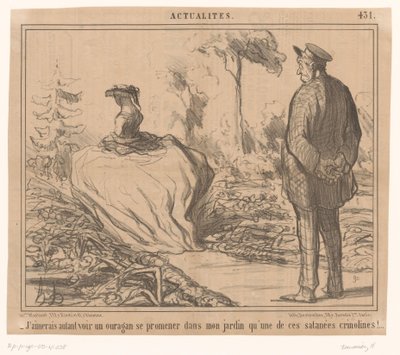 Homme voit une femme avec une jupe à cerceaux se promener dans son jardin - Honoré Daumier