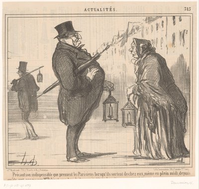 Monsieur Prudhomme et une vieille femme avec une lanterne et un parapluie - Honoré Daumier
