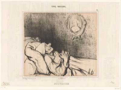 Vieil homme au lit regardant un portrait de jeune femme (Souvenirs, Types parisiens) - Honoré Daumier