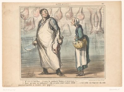 Vieille femme parlant à un boucher
M