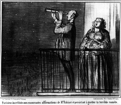 Parisiens incrédules aux assertions rassurantes de Monsieur Babient et persistants à guetter la terrible comète, caricature de Honoré Daumier. « Charivari » - Honoré Daumier