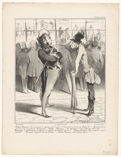 Robert-Macaire en conversation avec Bertrand devant la vitrine d