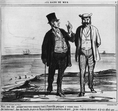 Bains de mer : Parisiens sur une plage de Trouville du poids des traditions et des habitudes familiales - par Honoré Daumier, dans « Charivari » du 25/08/1859 - Honoré Daumier