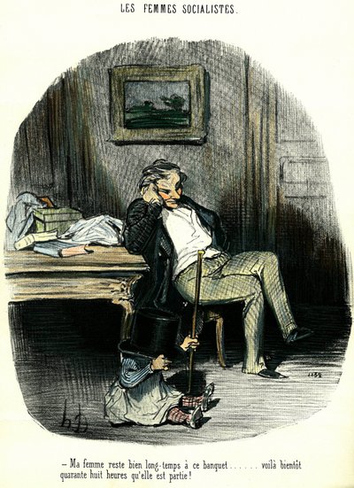 Femmes socialistes. Caricature anti-féministe représentant un homme attendant avec son enfant sa femme disparue depuis deux jours. Lithographie d
