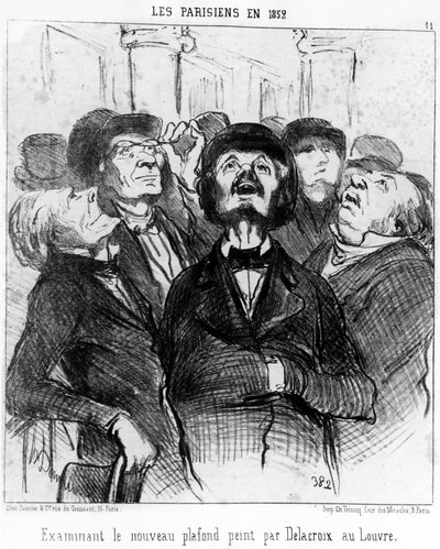 Les Parisiens en 1852 examinant le nouveau plafond peint par Delacroix au Louvre, tiré de « Peintures et Salons », série de caricatures par Honoré Daumier (1808-1879). « Charivari » - Honoré Daumier
