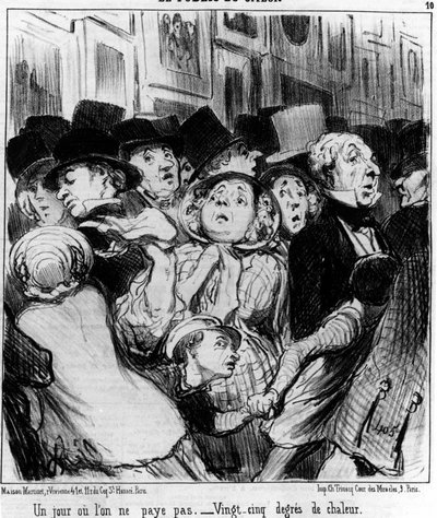 Le public du spectacle. Un jour on ne paie pas. Vingt-cinq degrés de chaleur, tiré de « Peintures et Salons », série de caricatures par Honoré Daumier (1808-1879). « Charivari » - Honoré Daumier