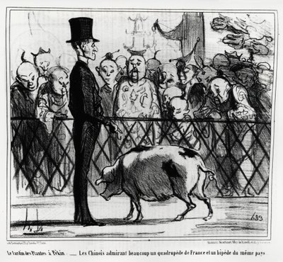 Le jardin des plantes à Pékin : les Chinois admirant un quadrupède de France et un bipède du même pays. Illustration par Honoré Daumier (1808-1879), publiée dans Charivari, Chine Actualités - Honoré Daumier