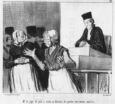 Le juge de paix a rendu sa décision, les parties sont censées être réconciliées..., caricature par Honoré Daumier. Charivari - Honoré Daumier