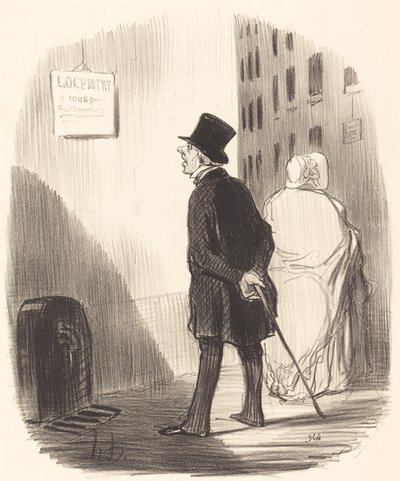 Tiens, voilà un écriteau que ma femme a passé... - Honoré Daumier