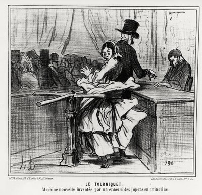 Exposition universelle : le tourniquet : une nouvelle machine inventée par un ennemi des jupons à crinoline. Illustration d