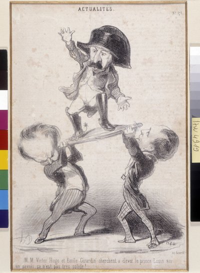 Victor Hugo et Émile de Girardin soutenant la candidature de Napoléon Bonaparte. Caricature par Honoré Daumier (1808-1879) parue dans "Le Charivari". Maison littéraire de Victor Hugo, Bièvres (Dim en cm 30,3x20) - Honoré Daumier