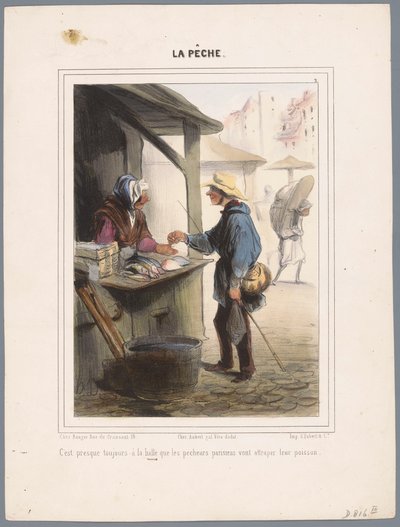Pêcheur achetant du poisson au marché Vissers (titre de la série) La pêche (titre de la série sur l