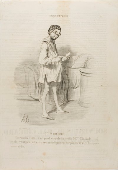 (Il lit une lettre) "Un rendez-vous, ce serait de la part de la jolie Mme Giraud  Oui, mais ça peut aussi venir de son mari qui veut me pincer...", planche 8 de la Coquetterie - Honoré Victorin Daumier
