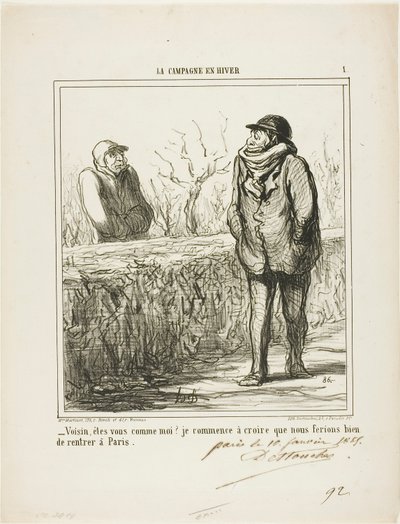 "- Bonjour, voisin, êtes-vous comme moi  Je commence à croire que nous ferions bien de retourner à Paris", planche 1 de La Campagne En Hiver - Honoré Victorin Daumier