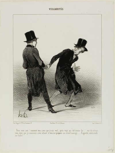 "Comment savez-vous que je suis veuf  Après vingt ans de travaux forcés, pas de mariage, je commence doucement à me ressaisir, et voilà que vous me proposez un second mariage ! Ragoulet, arrête de me tenir la main !", planche 10 fr - Honoré Victorin Daumier