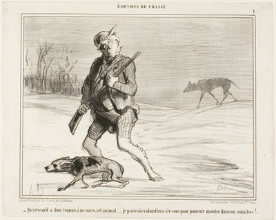 "- Je me demande pourquoi cette bête me suit tout le temps... Je paierai volontiers 6 sous pour sauter dans un bus", planche 1 de Émotions De Chasse - Honoré Victorin Daumier