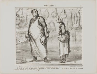 "- Monsieur le boucher, je vous souhaite une bonne et heureuse année... - Quoi  Elle va être belle, cette année 1858... tous les épiciers du coin vont pouvoir vendre mon mouton !...", planche 481 d