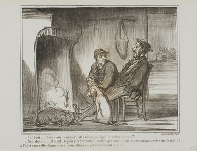 "- Et maintenant  Allons-nous continuer à chasser sous la pluie  - Non, pas du tout ! Les animaux ont autant peur de la pluie que nous. Ils risquent de ne pas pouvoir trouver cet abri, et nous finirions par en perdre trop !", planche 5 du Croquis De Chasse - Honoré Victorin Daumier