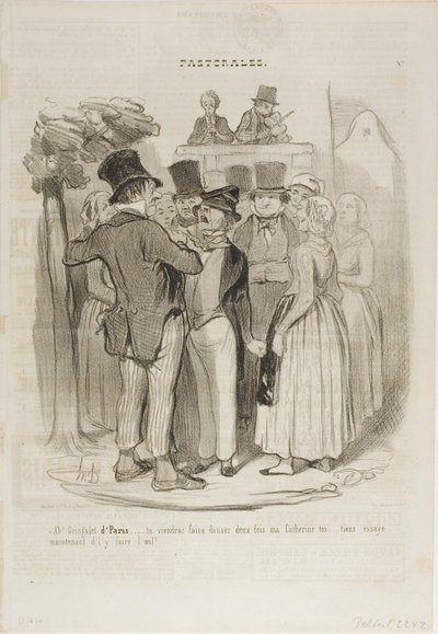 "- Alors, Gringalet de Paris !.... tu danseras deux fois avec ma Catherine ...... essaie encore maintenant de lui faire des yeux de mouton", planche 27 des Pastorales - Honoré Victorin Daumier