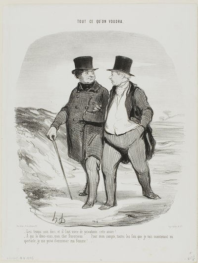 "- Les temps sont difficiles, cette année nous devons apprendre à être plus modestes... - Ne me dites pas, mon cher Ducorneau.... en ce qui me concerne, chaque fois que je vais au théâtre, je me prive désormais de la compagnie de ma femme....", planche 2 d - Honoré Victorin Daumier