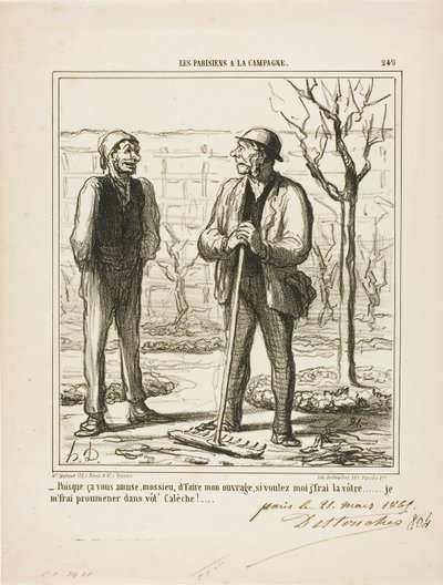 "Vous semblez aimer faire mon travail. En échange, je pourrais vous proposer de faire votre travail : Je ferai un tour dans votre carrosse", planche 249 de Les Parisiens A La Campagne. - Honoré Victorin Daumier