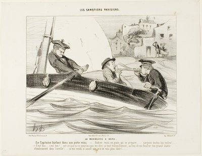 Une manœuvre de bateau. Le capitaine hurle dans sa trompette : "- Gabier ! Il y a un grain qui se prépare, préparez-vous !..... Hissez toutes les voiles !.... C