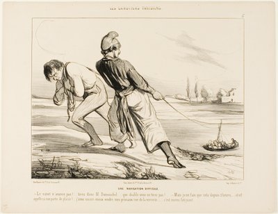 Une navigation difficile. "- Le bateau ne bouge pas ! Tirez Dumouchel, tirez.... pourquoi diable ne tirez-vous pas ! - Mais je ne fais que ça depuis trois heures !.... et on appelle ça un voyage d