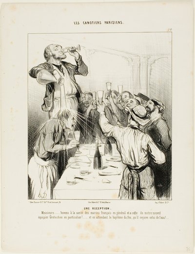 Une réception. "Messieurs..... buvons à la santé des marins français en général et à celle du nouveau coéquipier Greluchon en particulier !.... et en attendant son baptême du feu, nous lui en donnerons un à l
