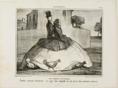 Une erreur excusable. Poulets pensant avoir retrouvé la cage où ils ont passé leur petite enfance, planche 21 de La Crinolomanie - Honoré Victorin Daumier