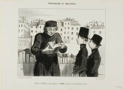 Des jeunes lycéens propres, ils essaient même de vendre leur dictionnaire de latin, planche 24 de Professeurs et Moutards - Honoré Victorin Daumier